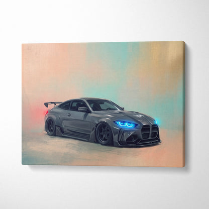Gray matte-finish bmw m4 coupe with glowing blue headlights and black spoiler on canvas modern automotive wall art