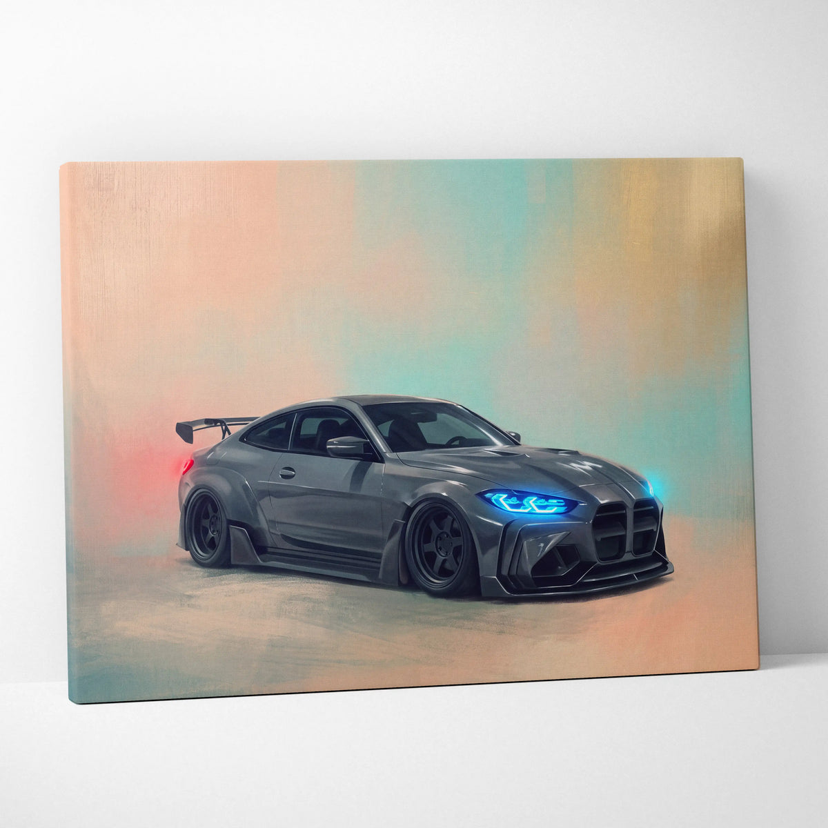 Bmw m4 inspired car wall art featuring a sleek matte gray coupe with glowing blue headlights on canvas painting