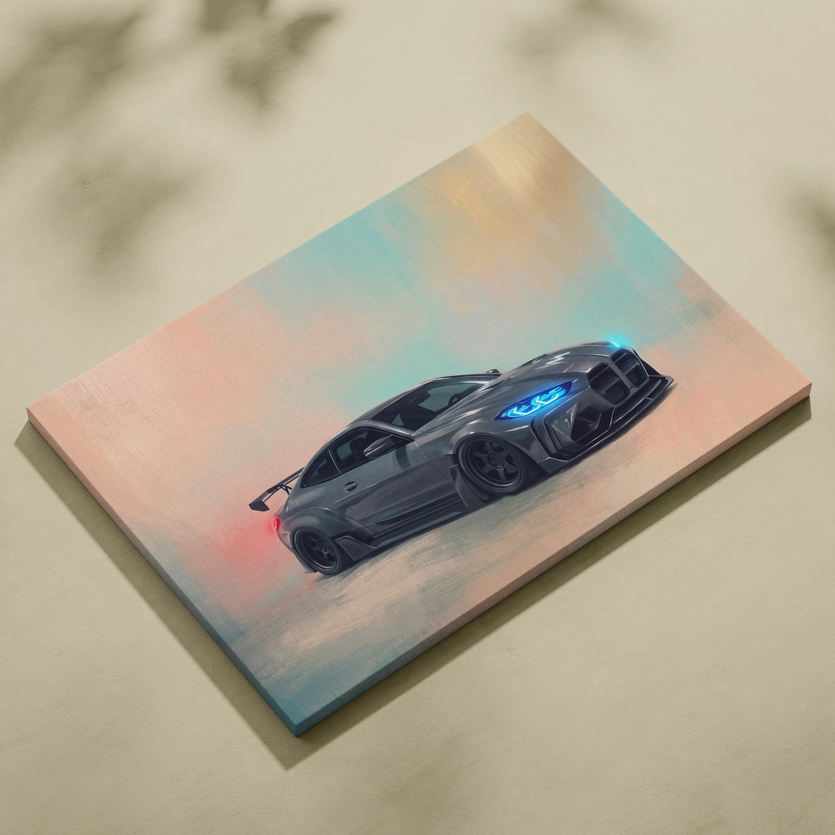 Bmw m4 inspired car wall art featuring a sleek matte gray coupe with glowing blue headlights on canvas painting