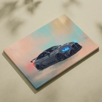 Bmw m4 inspired car wall art featuring a sleek matte gray coupe with glowing blue headlights on canvas painting