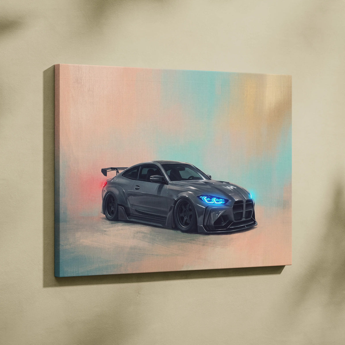 Bwm m4 inspired car wall art featuring a sleek matte gray coupe with glowing blue headlights on canvas painting