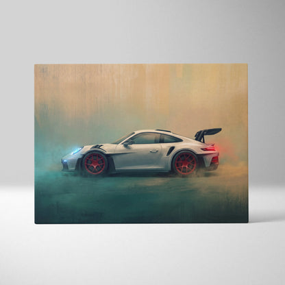 White porsche 911 gt3 with red wheels and black spoiler on luxury supercar canvas print wall art