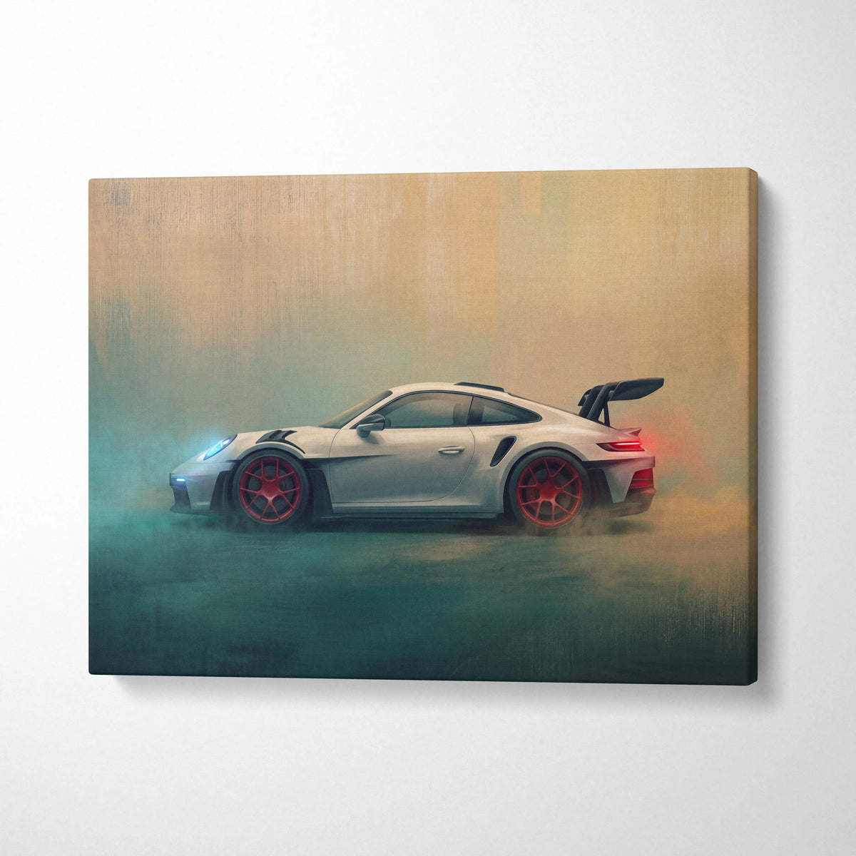 A sleek silver Porsche 911 GT3 with red wheels and rear spoiler on a luxury supercar canvas print wall art
