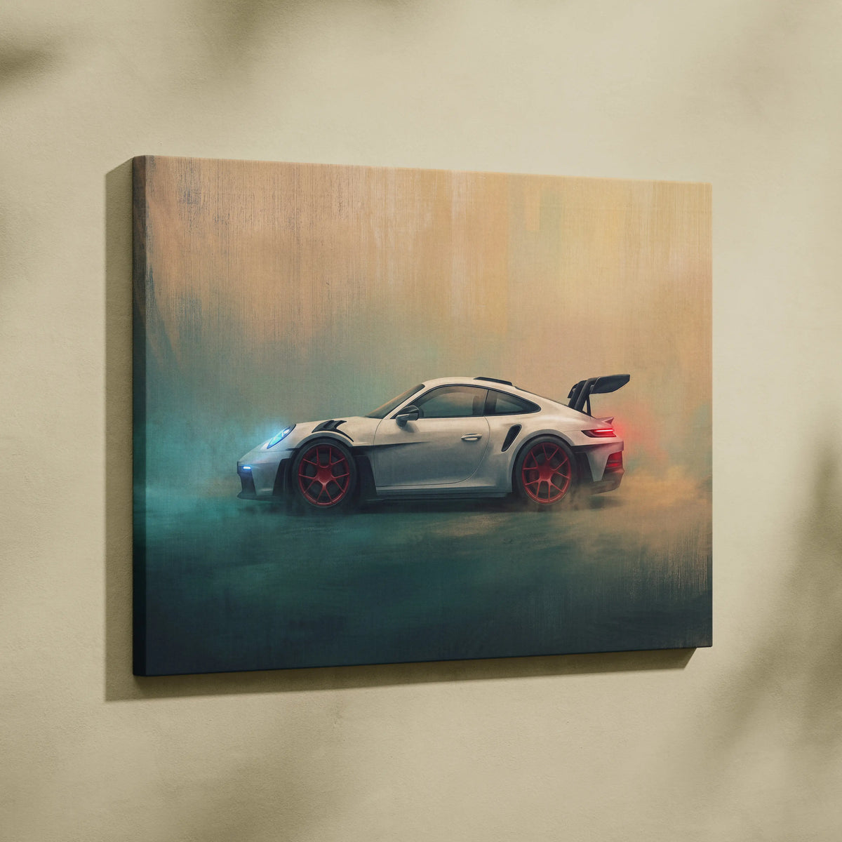 A sleek white porsche 911 gt3 with red wheels and rear spoiler on a luxury supercar canvas wall art print