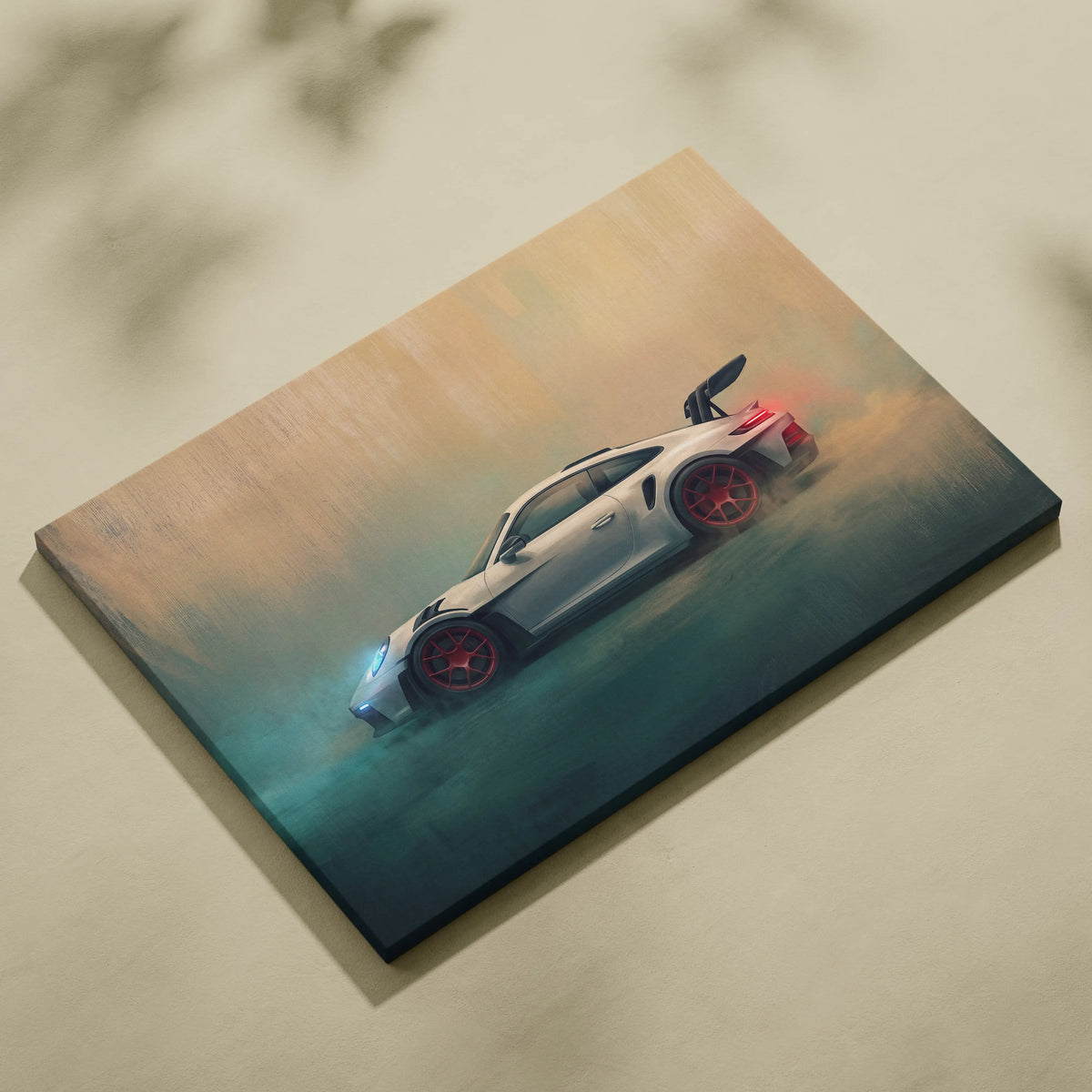 White porsche 911 gt3 rs inspired canvas print with red-accented wheels and glowing headlights in dynamic drift pose