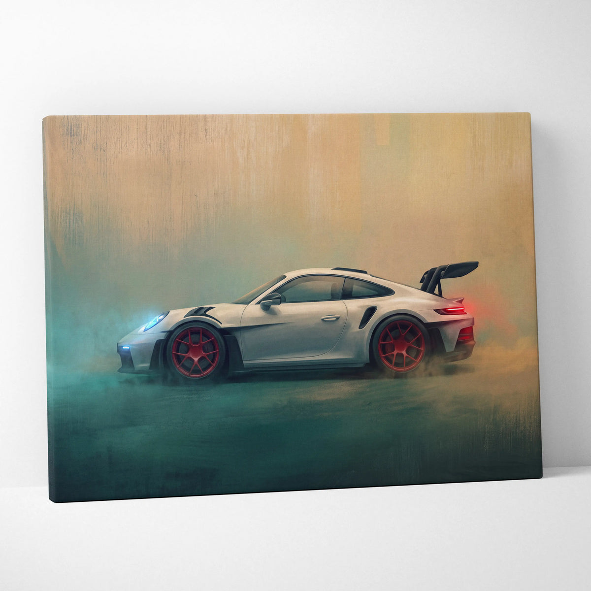Porsche 911 GT3 RS inspired luxury supercar canvas print featuring a white car with red rims and black rear spoiler