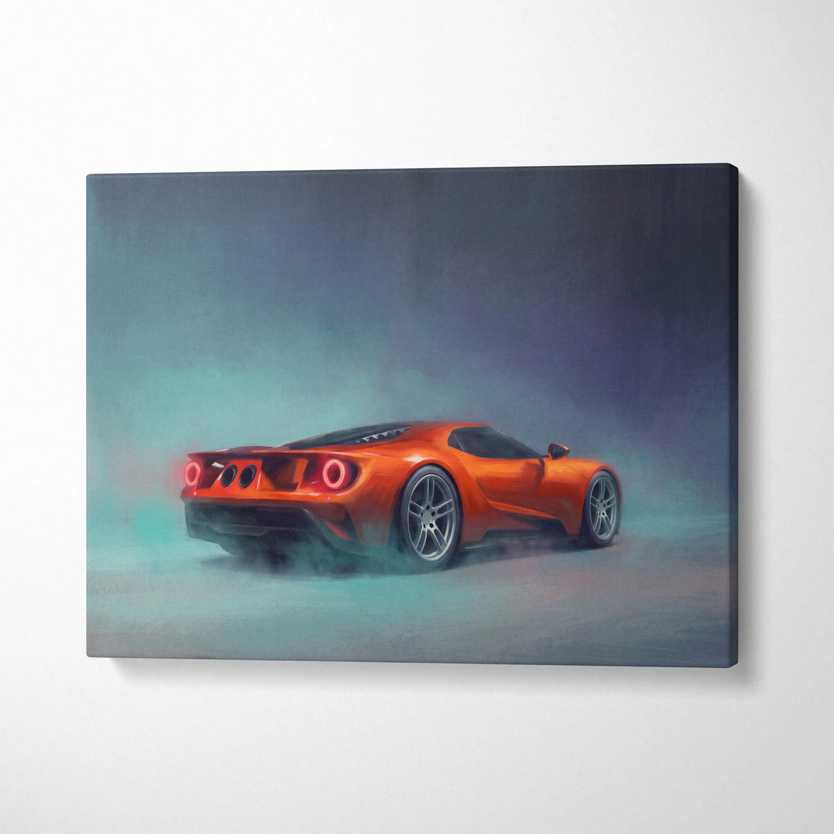 Vibrant orange ford gt inspired twin turbo supercar canvas print featuring smoky studio art for office decor