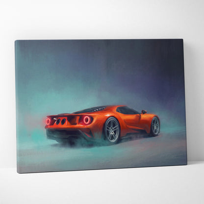 Rear view of vibrant orange ford gt inspired twin turbo supercar canvas print for office decor wall art