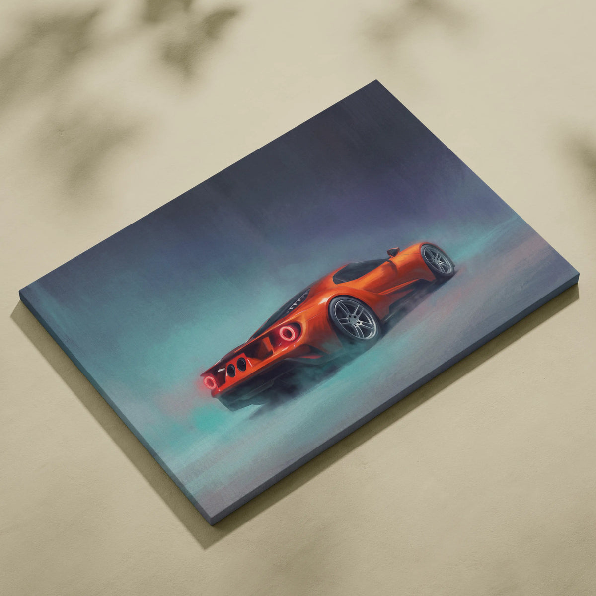 Vibrant orange ford gt inspired sports car wall art on stretched canvas with glowing red taillights for office decor