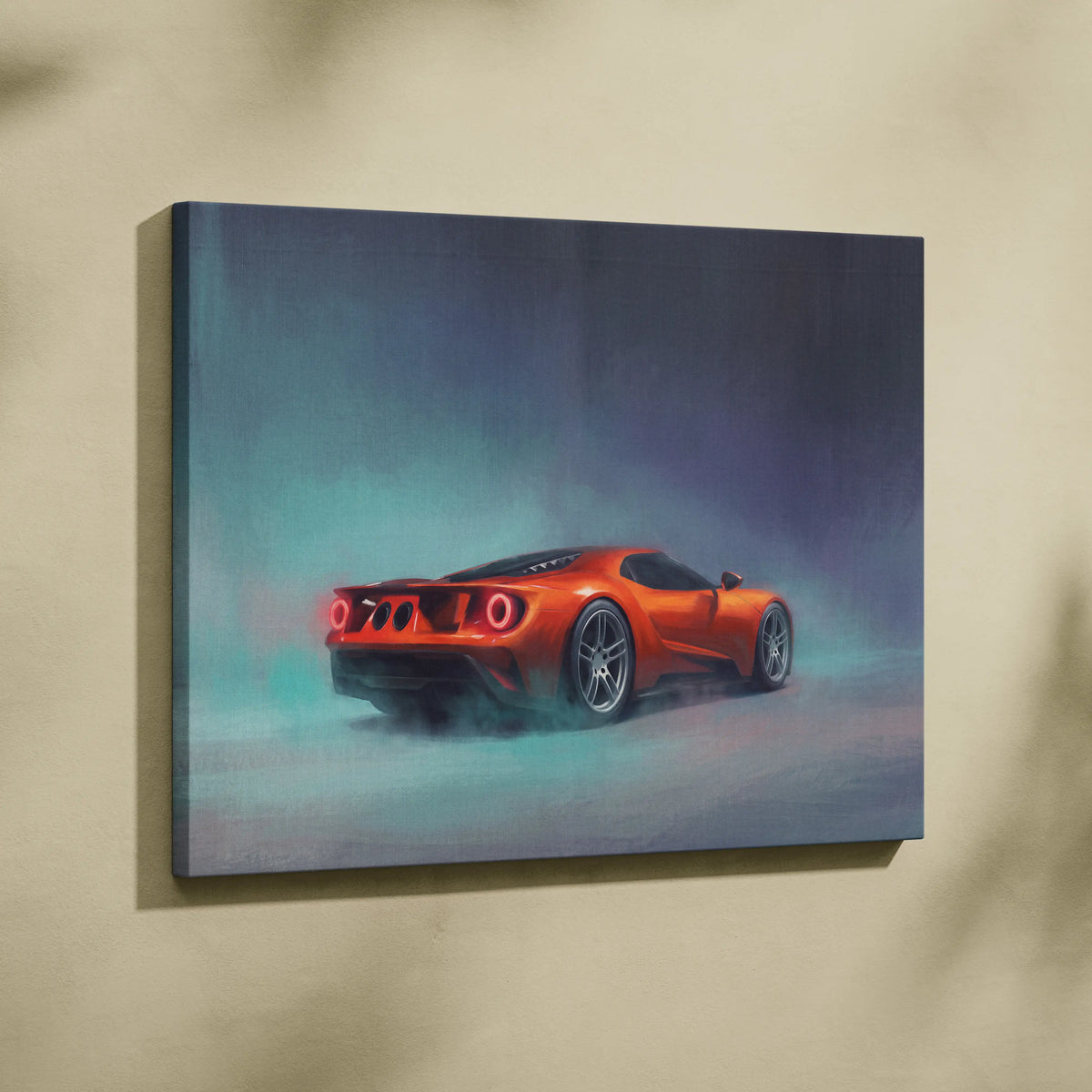 Vibrant orange ford gt inspired twin turbo supercar canvas print showing dynamic rear view for office decor