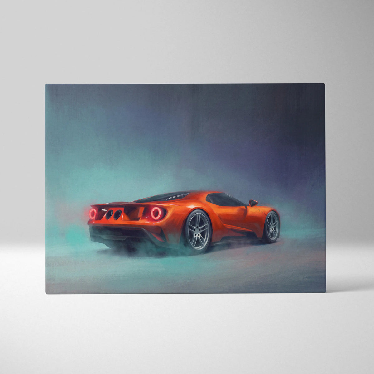 Vibrant orange ford gt inspired twin turbo supercar canvas print showing rear three quarter view for office decor