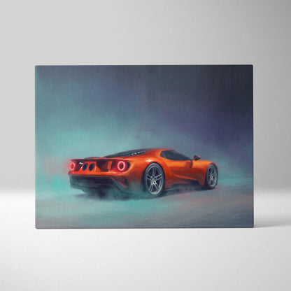 Vibrant orange ford gt inspired twin turbo supercar canvas print showing rear three quarter view for office decor