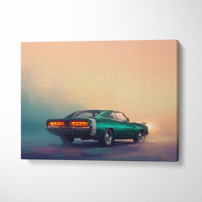 Dodge Charger inspired teal green muscle car canvas print with white racing stripes for living room wall art