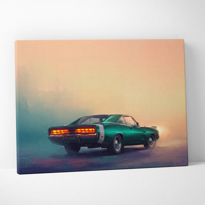 Green vintage dodge charger muscle car canvas print with glowing orange taillights and white racing stripe for living room