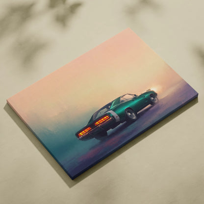 A vibrant green Dodge Charger inspired muscle car canvas print with glowing orange taillights for living room decor
