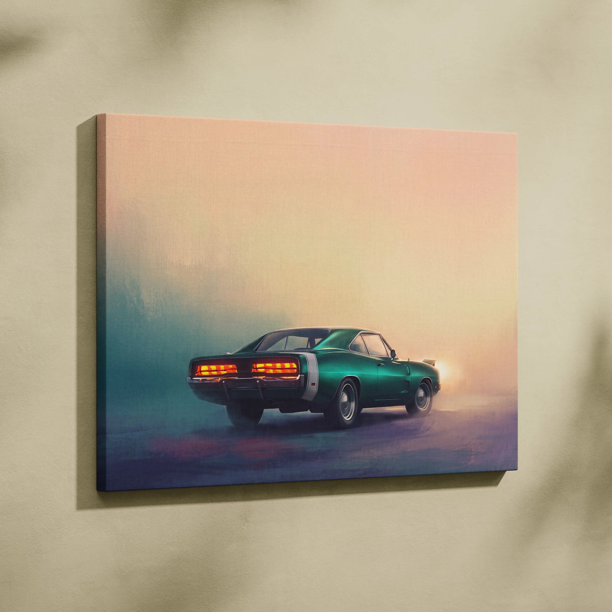 A vibrant green dodge charger inspired muscle car canvas print with glowing taillights for living room wall art