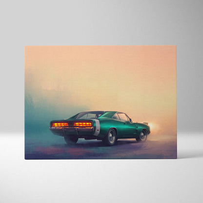 Emerald green dodge charger inspired muscle car canvas print with white racing stripes and glowing orange taillights