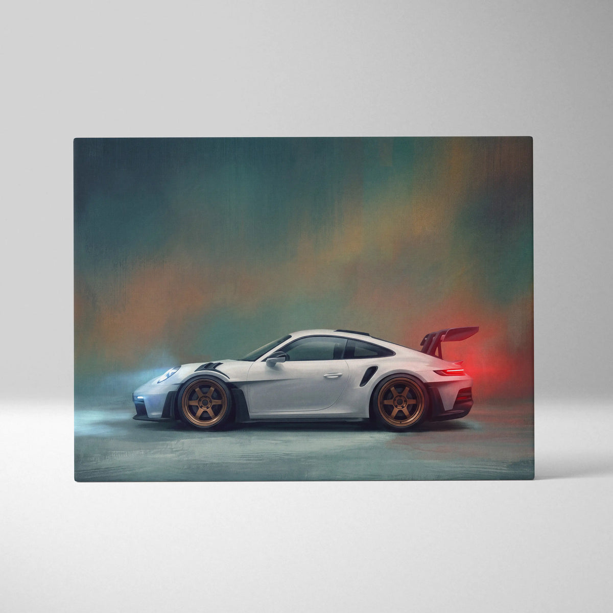 Porsche 911 GT3 RS inspired supercar canvas art print with white car bronze wheels and red rear spoiler
