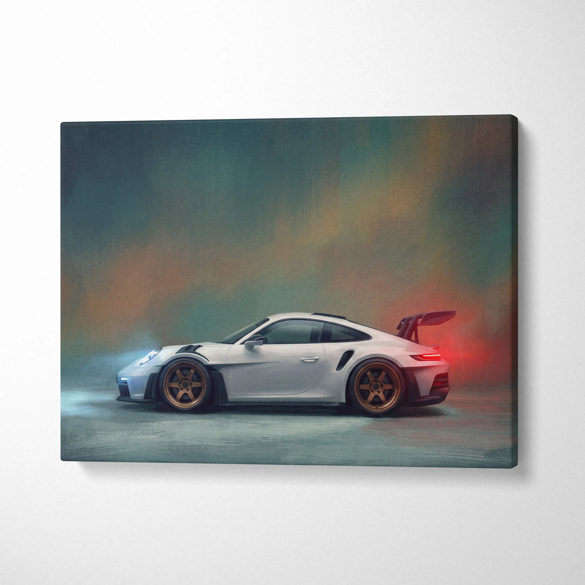 White Porsche 911 GT3 RS canvas art print featuring gold rims and glowing red rear spoiler for custom car wall decor