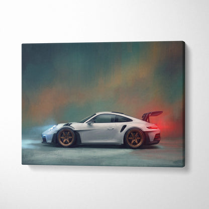 White Porsche 911 GT3 RS canvas art print featuring gold rims and glowing red rear spoiler for custom car wall decor