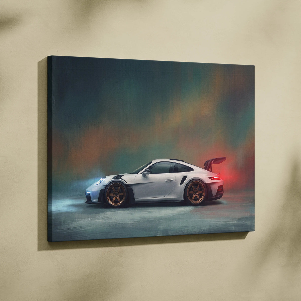 White porsche 911 gt3 rs canvas art print with gold rims and glowing red rear spoiler for custom car wall decor