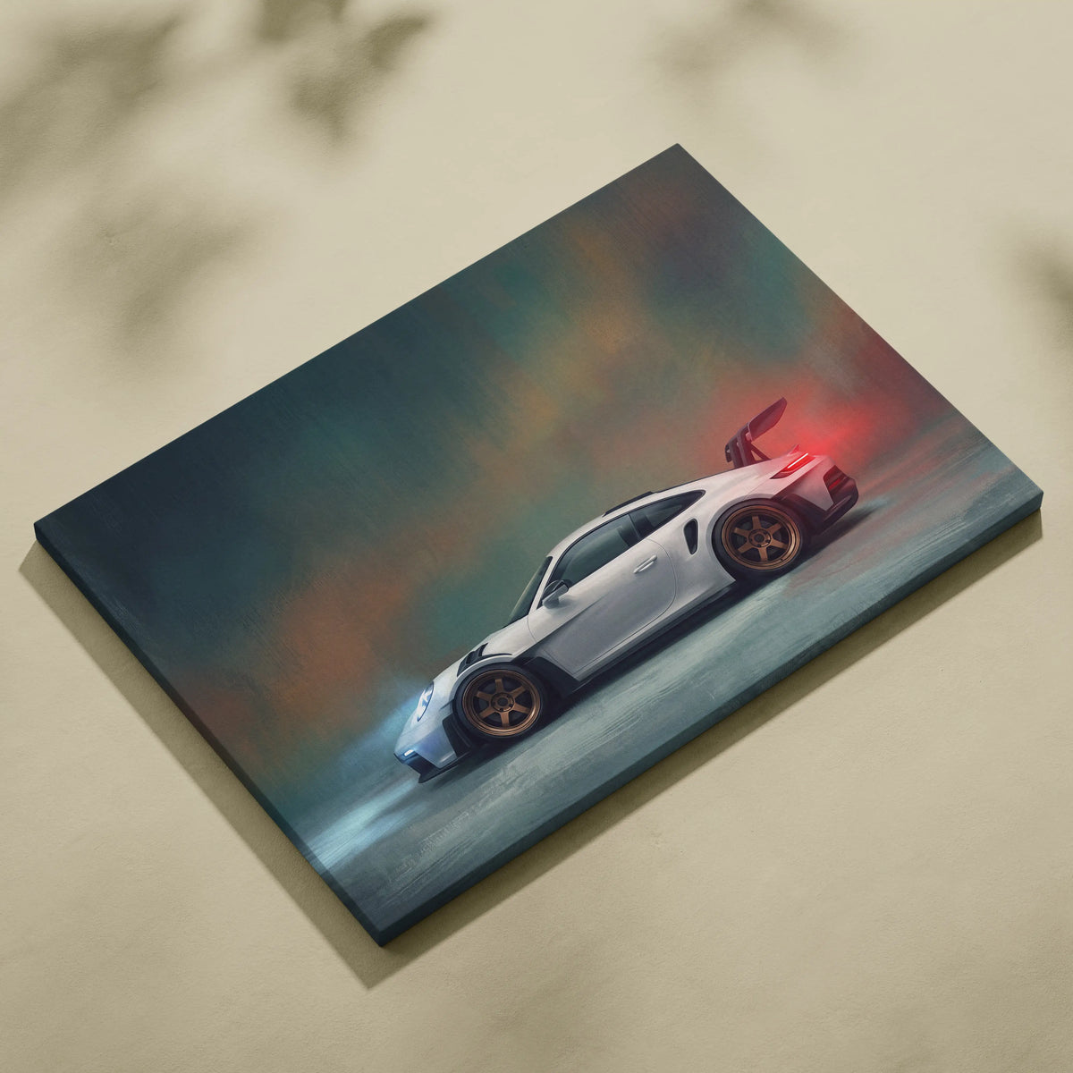 White Porsche 911 GT3 RS inspired supercar canvas art featuring dynamic drift pose with red and blue lighting effects