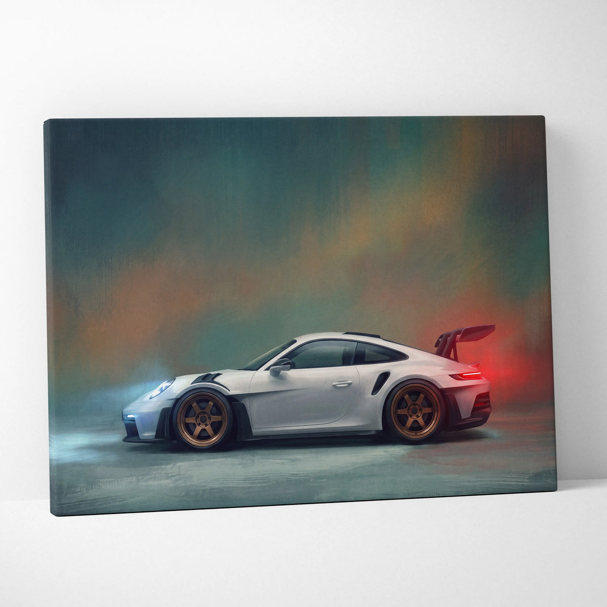 White porsche 911 gt3 rs inspired supercar with bronze wheels and rear spoiler on canvas wall art print