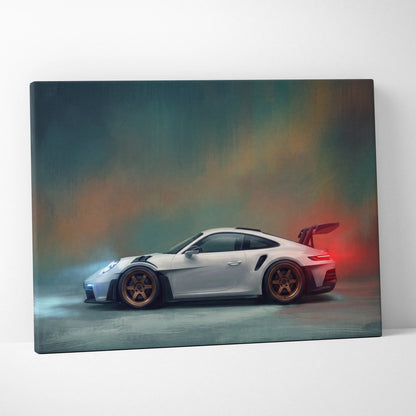 White porsche 911 gt3 rs inspired supercar with bronze wheels and rear spoiler on canvas wall art print