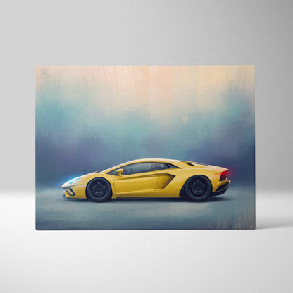 Vibrant yellow Lamborghini Aventador sports car depicted in a stylized painterly canvas wall art print