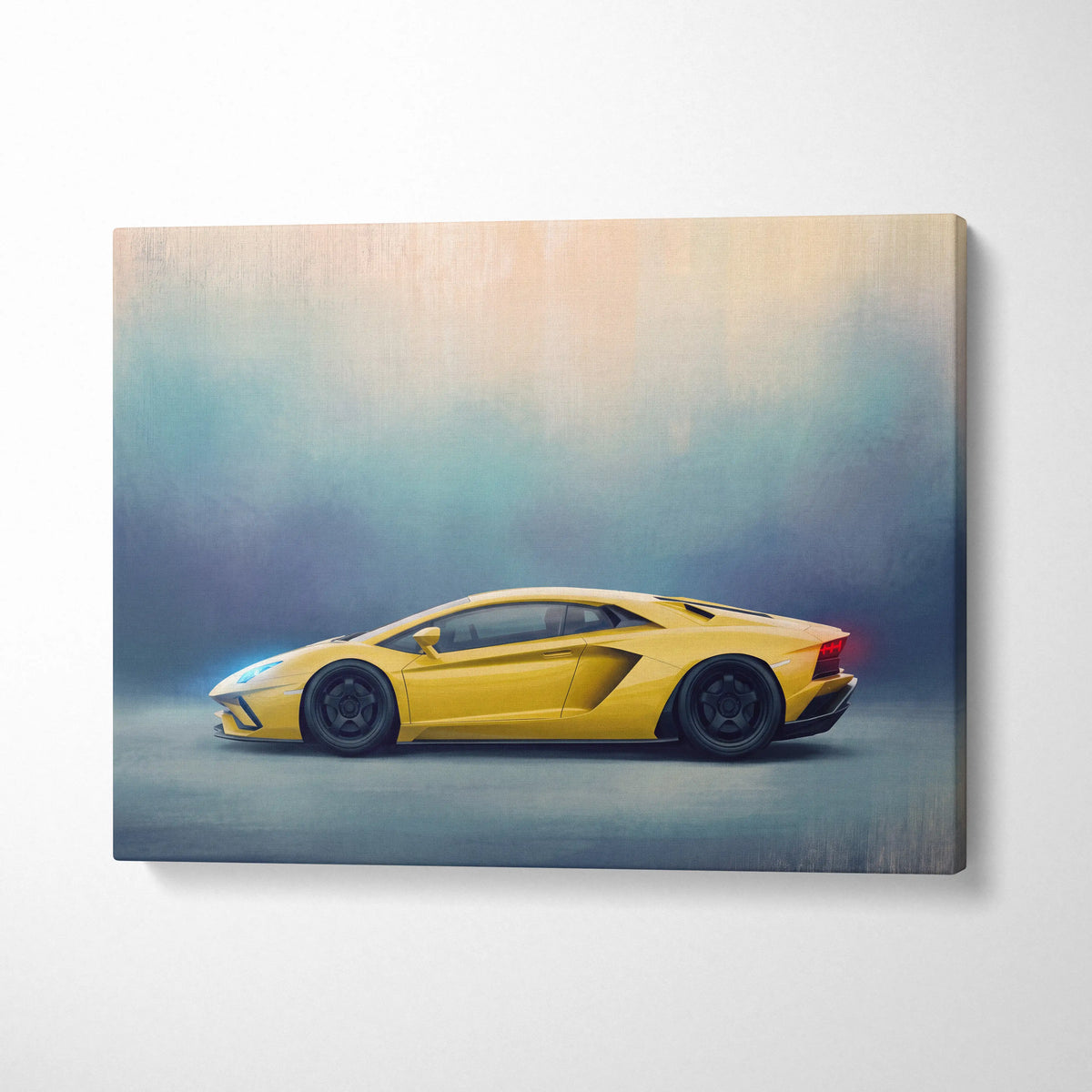 Vibrant yellow Lamborghini Aventador track edition canvas painting print with sleek aerodynamic design and glossy finish