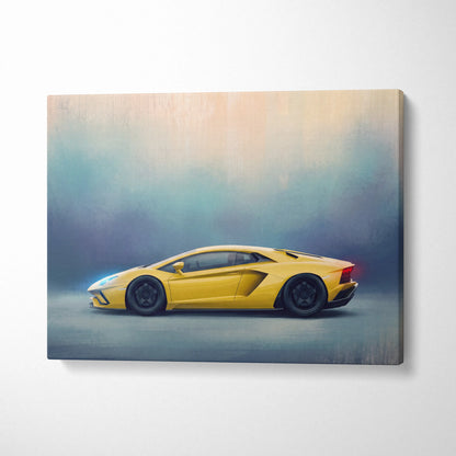 Vibrant yellow Lamborghini Aventador track edition canvas painting print with sleek aerodynamic design and glossy finish