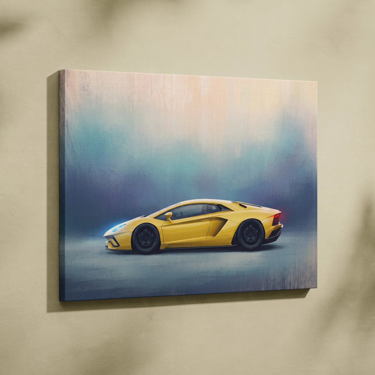 Yellow Lamborghini Aventador inspired canvas painting with sleek aerodynamic design and black wheels for wall art