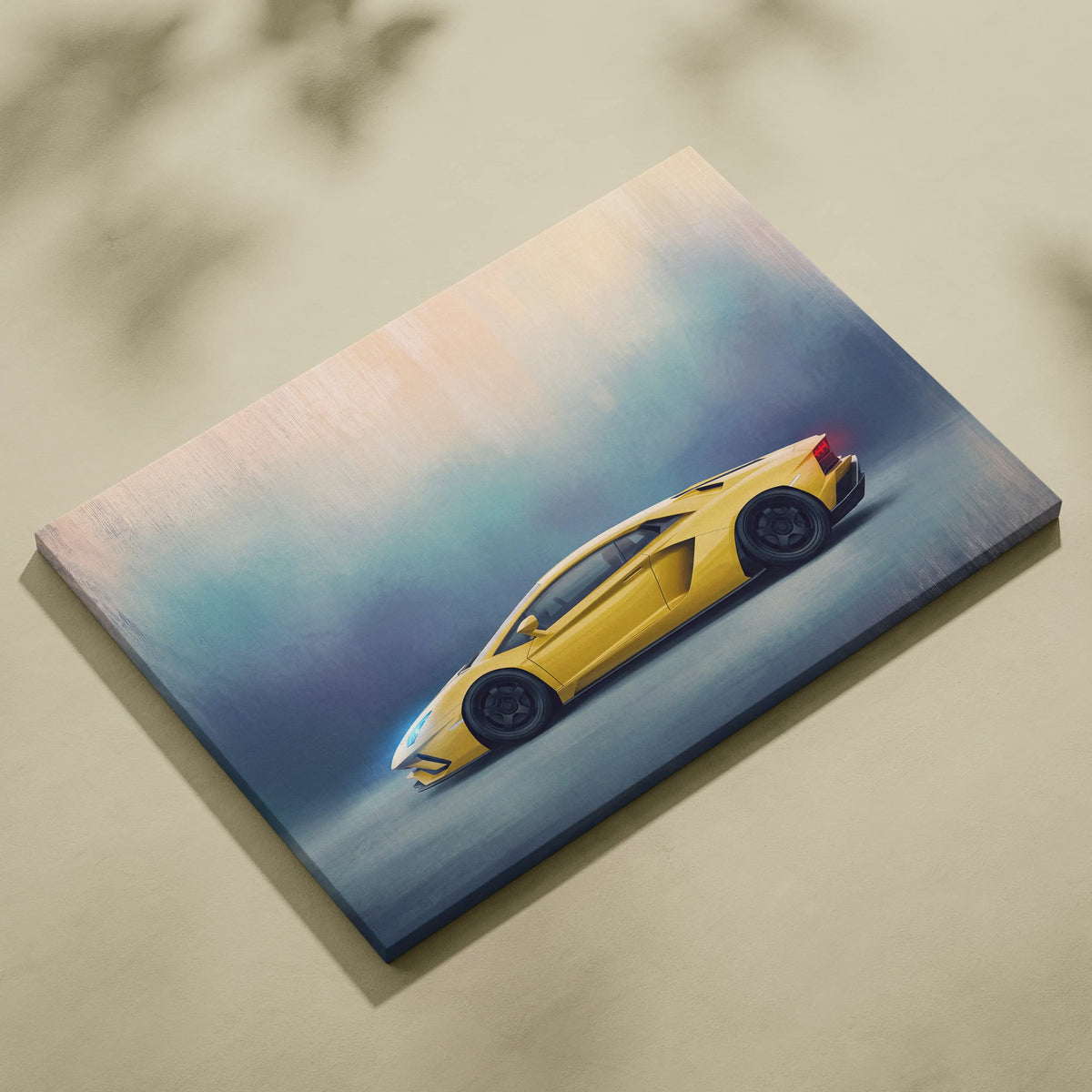 Yellow lamborghini aventador inspired sports car canvas print wall art track edition for automotive decor