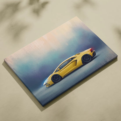 Yellow lamborghini aventador inspired sports car canvas print wall art track edition for automotive decor