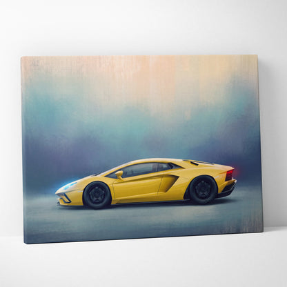 Vibrant yellow lamborghini aventador inspired car wall art canvas print featuring sleek aerodynamic design and black wheels