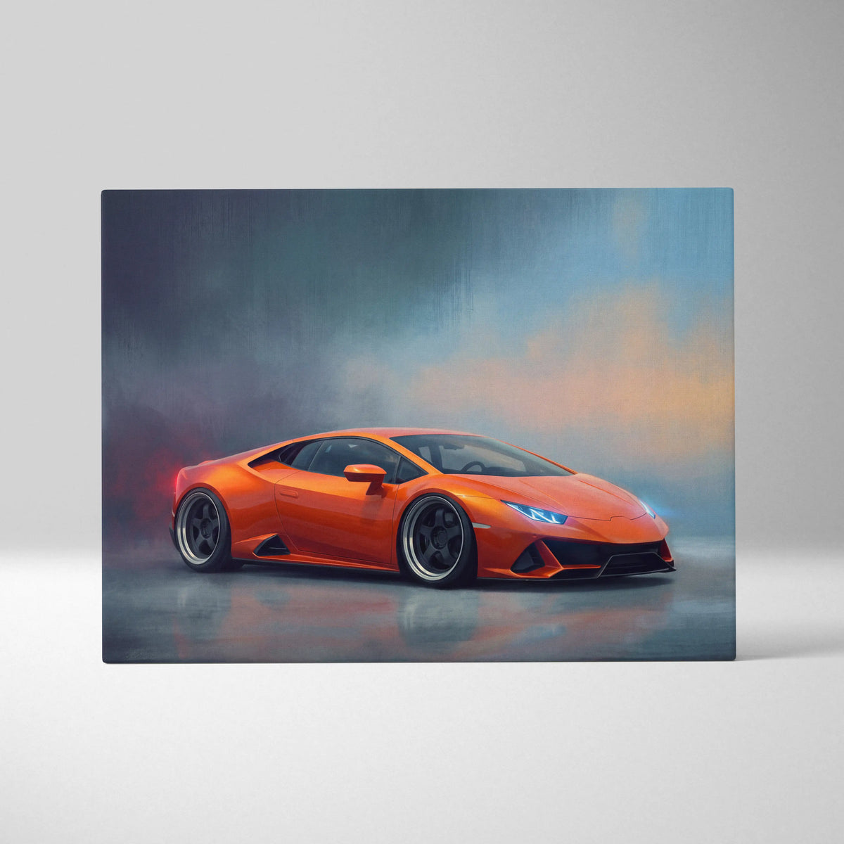 Vibrant orange lamborghini huracán inspired canvas art featuring a dynamic smoky studio sports car scene for wall decor