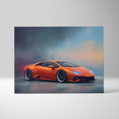 Vibrant orange lamborghini huracán inspired canvas art featuring a dynamic smoky studio sports car scene for wall decor