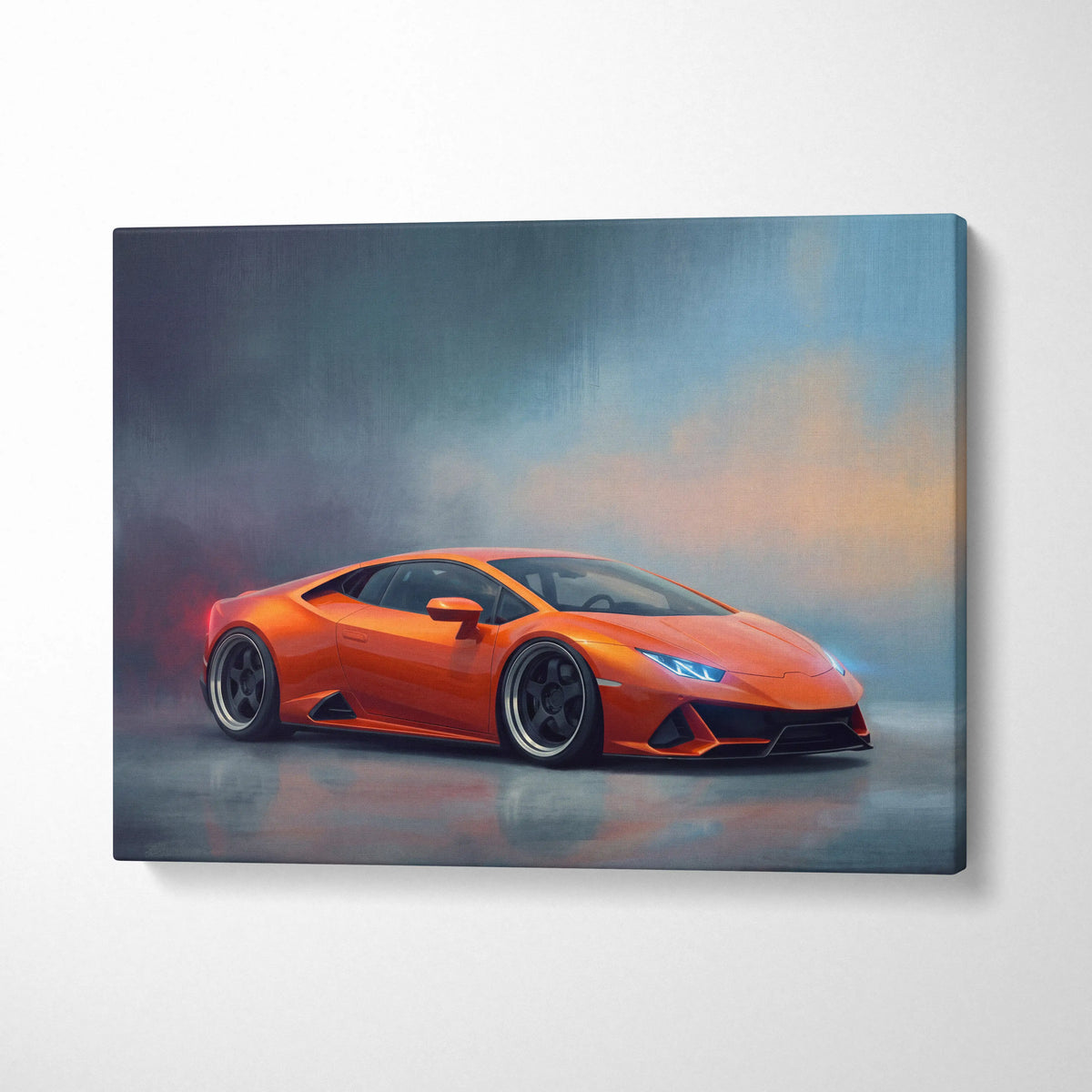 Lamborghini Huracán inspired canvas art featuring a vibrant orange sports car in a smoky studio setting