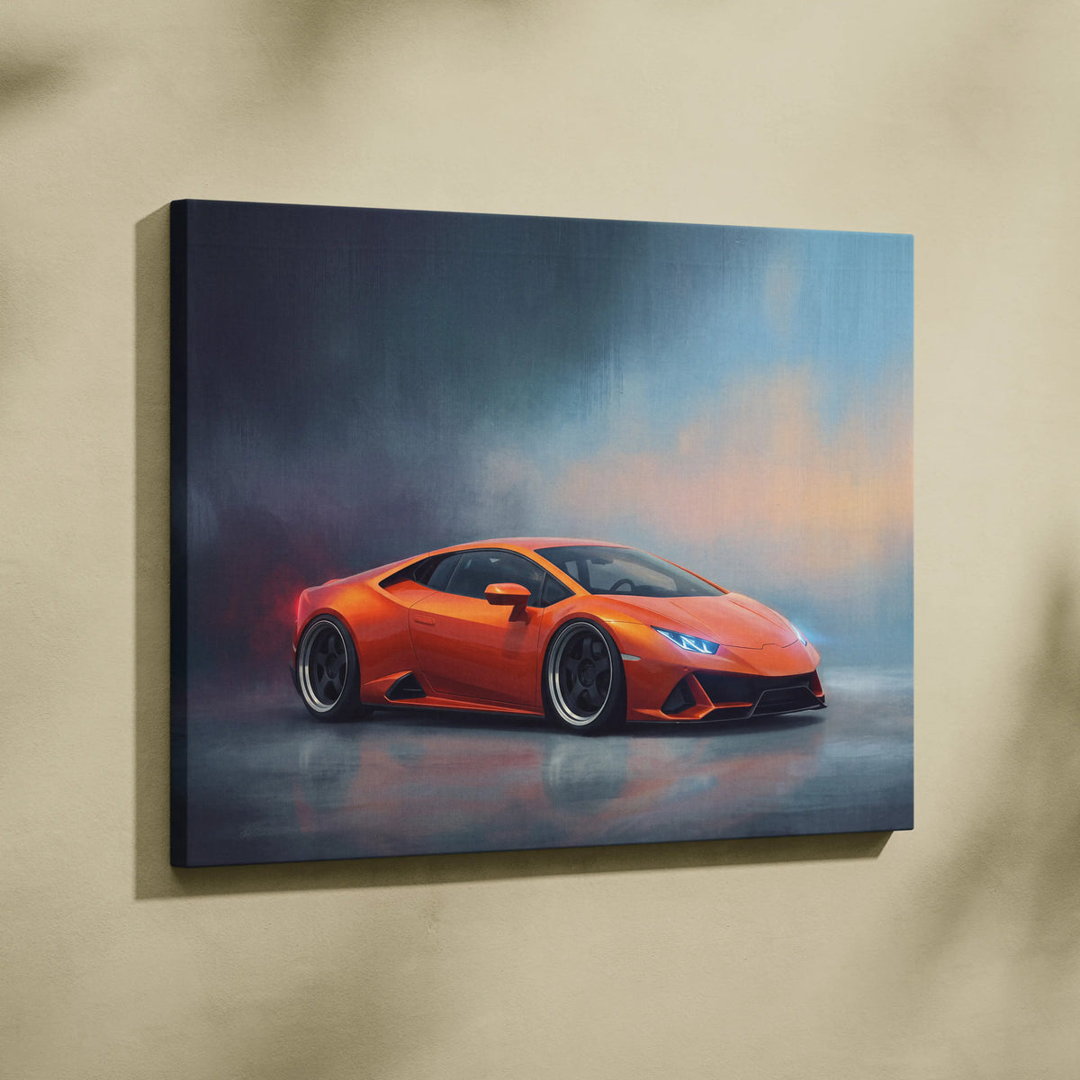 Vibrant orange lamborghini huracán sports car depicted in a dynamic atmospheric canvas painting premium wall decor