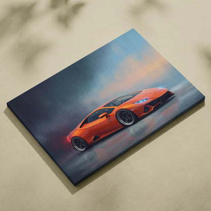 Vibrant orange lamborghini huracán sports car in dynamic motion on canvas premium automotive wall decor