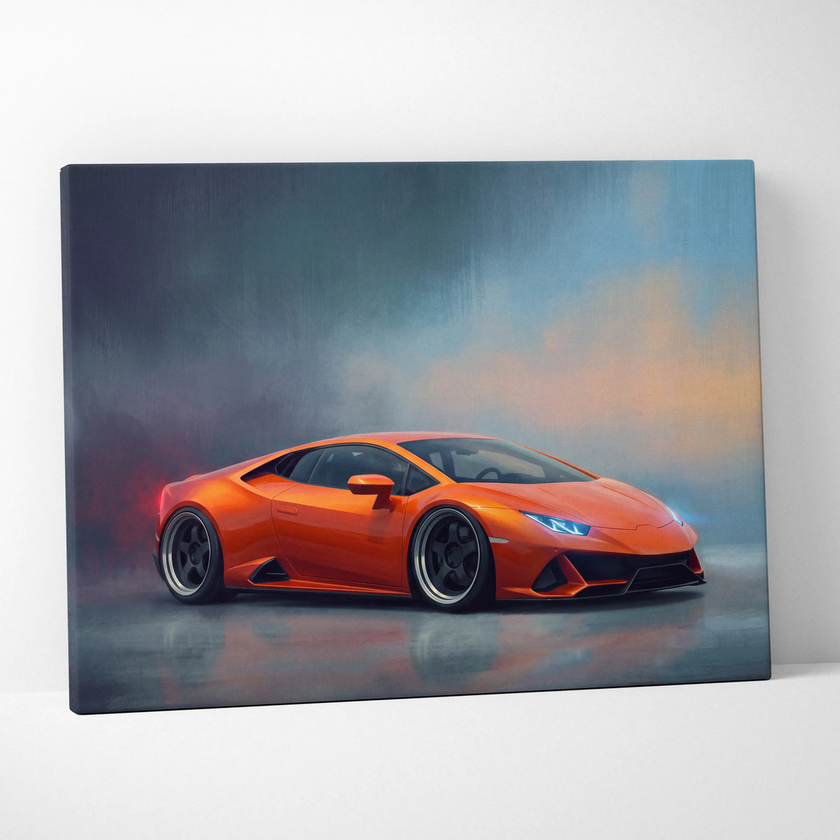 Vibrant orange Lamborghini Huracán canvas print featuring sleek design and glowing blue headlights for wall decor