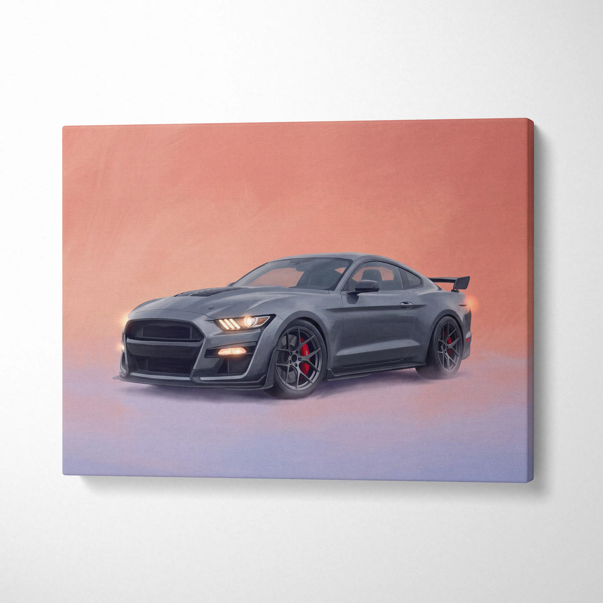 Gray ford mustang shelby gt500 inspired canvas print with red wheels and glowing headlights for bedroom wall decor