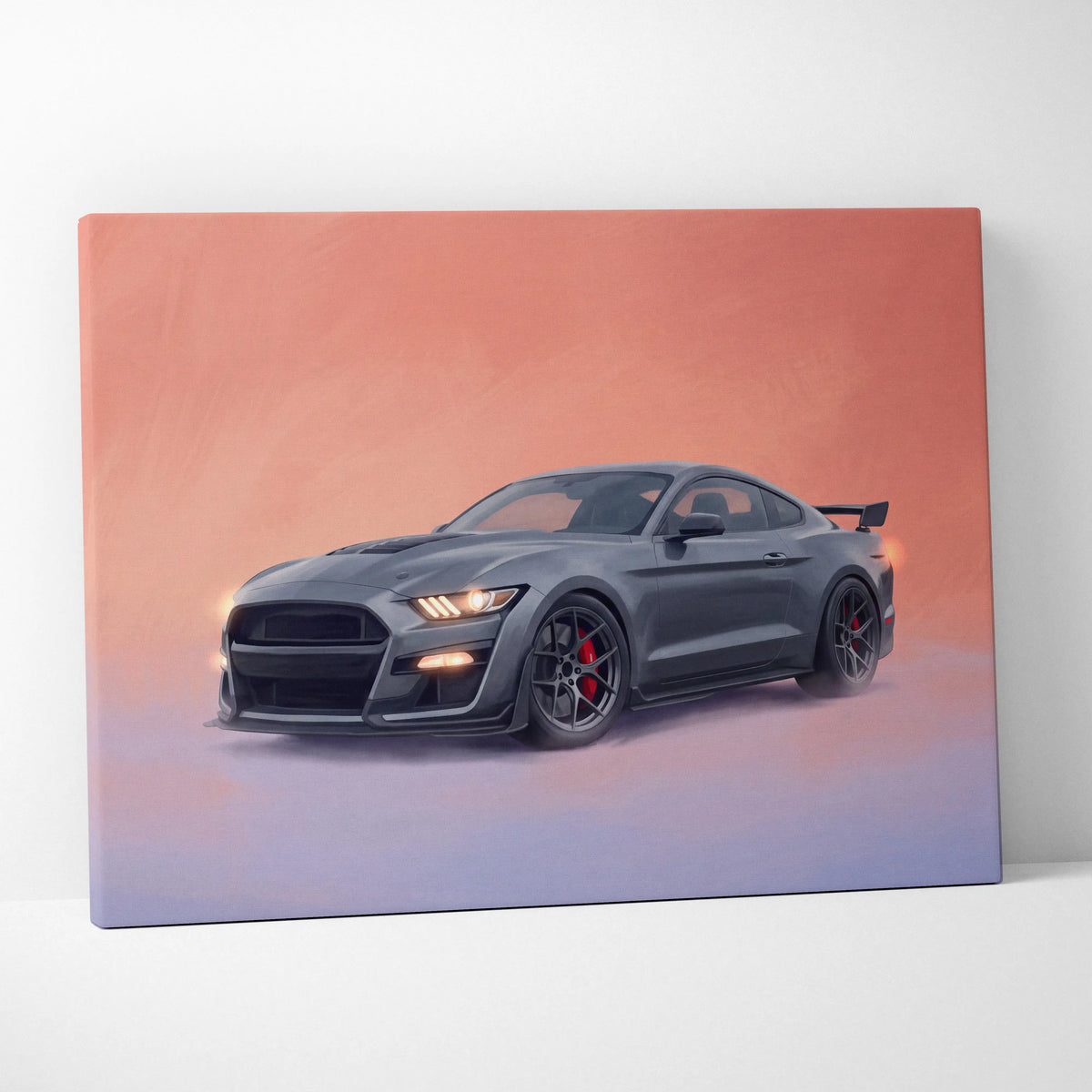 Gray matte-finish canvas print of ford mustang gt with red brake calipers and black wheels for bedroom wall decor