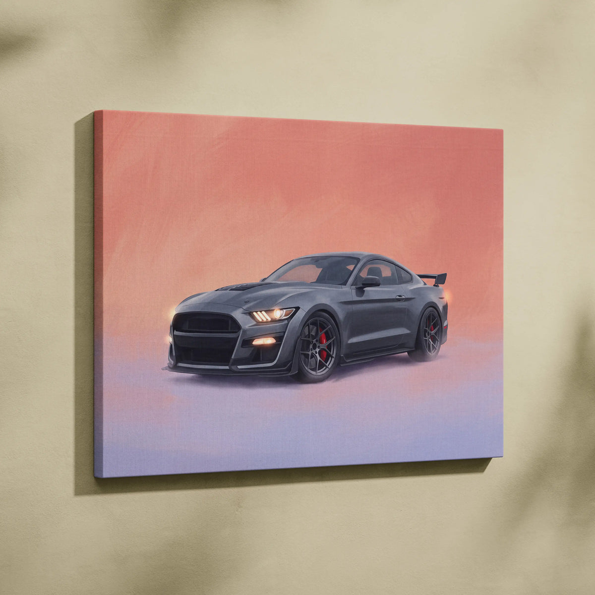 A sleek matte black ford mustang shelby gt500 canvas art with glowing headlights for american muscle car wall decor