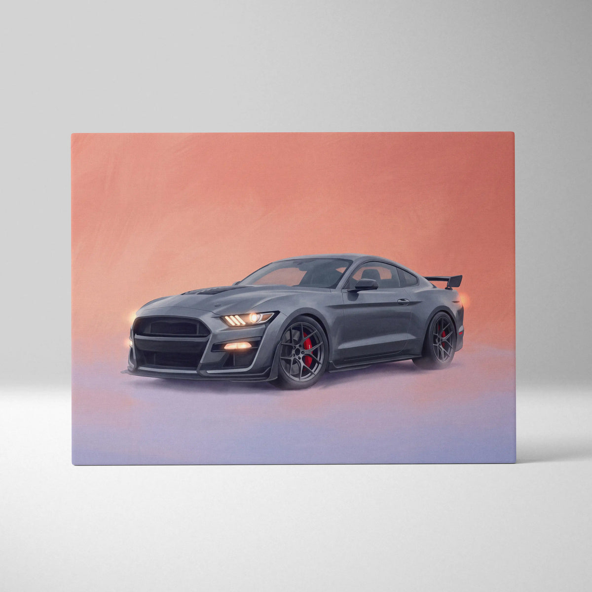 A sleek matte black ford mustang shelby gt500 canvas art with red brake calipers and rear spoiler wall decor