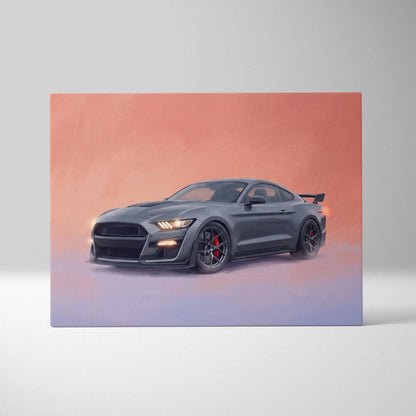 A sleek matte black ford mustang shelby gt500 canvas art with red brake calipers and rear spoiler wall decor