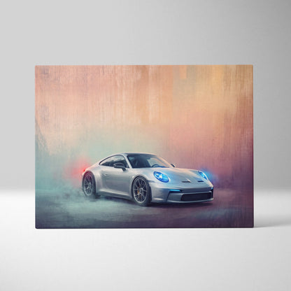 Silver Porsche 911 GT3 inspired canvas print with glowing blue headlights and smoky gradient background wall art