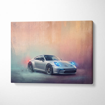 Silver Porsche 911 GT3 inspired canvas painting print featuring dynamic smoky rendering with blue headlights and red brake lights