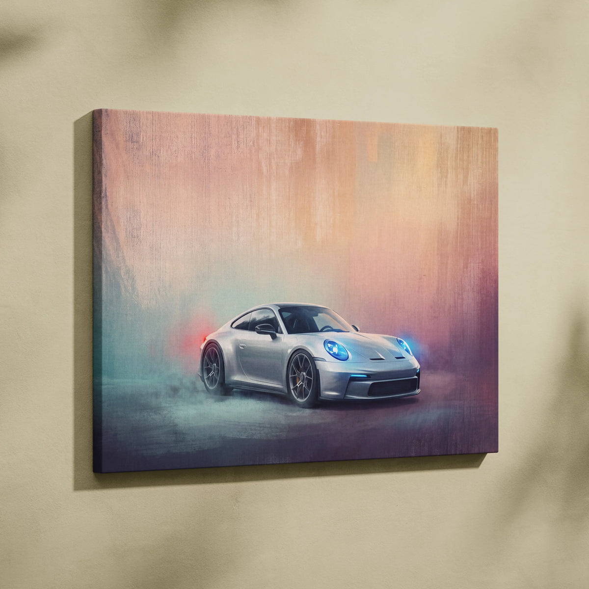 Silver Porsche 911 GT3 inspired sports car canvas print with glowing blue headlights and dynamic motion blur