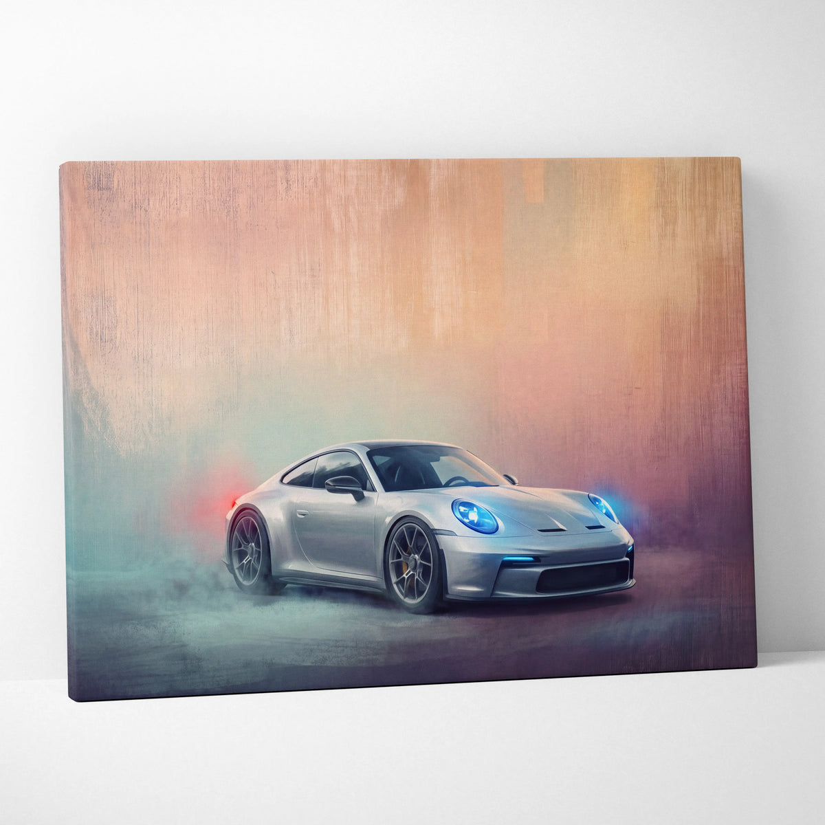 Silver Porsche 911 GT3 inspired canvas print with glowing blue headlights and red taillights on a smoky background